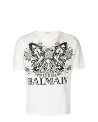 weißes und schwarzes bedrucktes T-Shirt mit einem Rundhalsausschnitt von Pierre Balmain