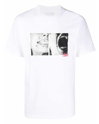 weißes und schwarzes bedrucktes T-Shirt mit einem Rundhalsausschnitt von Pleasures