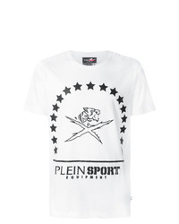 weißes und schwarzes bedrucktes T-Shirt mit einem Rundhalsausschnitt von Plein Sport