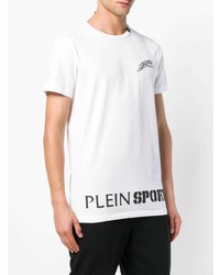 weißes und schwarzes bedrucktes T-Shirt mit einem Rundhalsausschnitt von Plein Sport