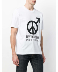 weißes und schwarzes bedrucktes T-Shirt mit einem Rundhalsausschnitt von Love Moschino