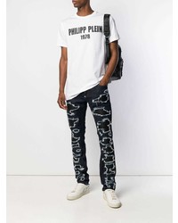 weißes und schwarzes bedrucktes T-Shirt mit einem Rundhalsausschnitt von Philipp Plein