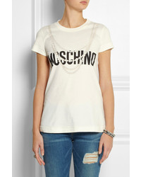 weißes und schwarzes bedrucktes T-Shirt mit einem Rundhalsausschnitt von Moschino