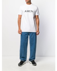 weißes und schwarzes bedrucktes T-Shirt mit einem Rundhalsausschnitt von Amen