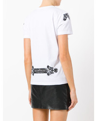 weißes und schwarzes bedrucktes T-Shirt mit einem Rundhalsausschnitt von Just Cavalli