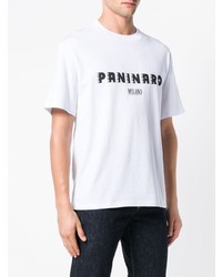 weißes und schwarzes bedrucktes T-Shirt mit einem Rundhalsausschnitt von M1992