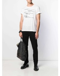 weißes und schwarzes bedrucktes T-Shirt mit einem Rundhalsausschnitt von Ann Demeulemeester