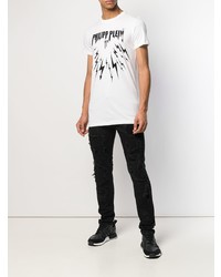 weißes und schwarzes bedrucktes T-Shirt mit einem Rundhalsausschnitt von Philipp Plein