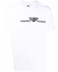 weißes und schwarzes bedrucktes T-Shirt mit einem Rundhalsausschnitt von Prmtvo