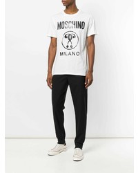 weißes und schwarzes bedrucktes T-Shirt mit einem Rundhalsausschnitt von Moschino