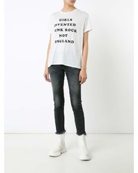 weißes und schwarzes bedrucktes T-Shirt mit einem Rundhalsausschnitt von R 13