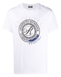 weißes und schwarzes bedrucktes T-Shirt mit einem Rundhalsausschnitt von Raf Simons