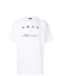 weißes und schwarzes bedrucktes T-Shirt mit einem Rundhalsausschnitt von Raf Simons
