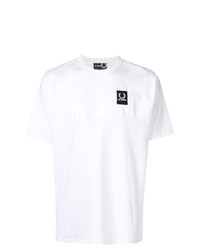weißes und schwarzes bedrucktes T-Shirt mit einem Rundhalsausschnitt von Raf Simons X Fred Perry