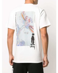 weißes und schwarzes bedrucktes T-Shirt mit einem Rundhalsausschnitt von Stussy