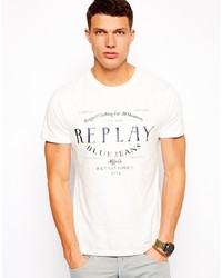 weißes und schwarzes bedrucktes T-Shirt mit einem Rundhalsausschnitt von Replay