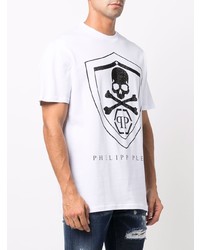 weißes und schwarzes bedrucktes T-Shirt mit einem Rundhalsausschnitt von Philipp Plein