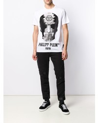 weißes und schwarzes bedrucktes T-Shirt mit einem Rundhalsausschnitt von Philipp Plein