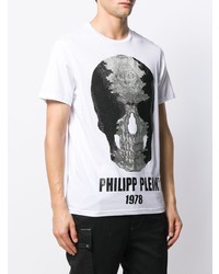 weißes und schwarzes bedrucktes T-Shirt mit einem Rundhalsausschnitt von Philipp Plein