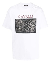 weißes und schwarzes bedrucktes T-Shirt mit einem Rundhalsausschnitt von Roberto Cavalli