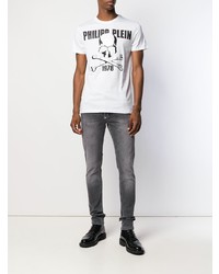 weißes und schwarzes bedrucktes T-Shirt mit einem Rundhalsausschnitt von Philipp Plein