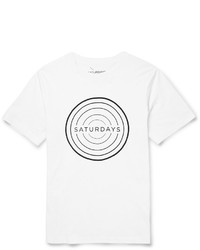 weißes und schwarzes bedrucktes T-Shirt mit einem Rundhalsausschnitt von Saturdays Surf NYC