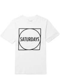 weißes und schwarzes bedrucktes T-Shirt mit einem Rundhalsausschnitt von Saturdays Surf NYC