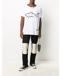 weißes und schwarzes bedrucktes T-Shirt mit einem Rundhalsausschnitt von Greg Lauren X Paul & Shark