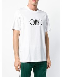 weißes und schwarzes bedrucktes T-Shirt mit einem Rundhalsausschnitt von Oamc