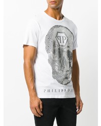 weißes und schwarzes bedrucktes T-Shirt mit einem Rundhalsausschnitt von Philipp Plein