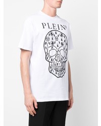 weißes und schwarzes bedrucktes T-Shirt mit einem Rundhalsausschnitt von Philipp Plein