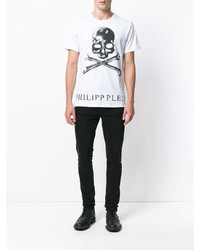 weißes und schwarzes bedrucktes T-Shirt mit einem Rundhalsausschnitt von Philipp Plein