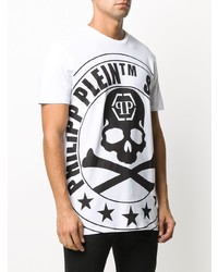 weißes und schwarzes bedrucktes T-Shirt mit einem Rundhalsausschnitt von Philipp Plein