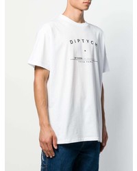 weißes und schwarzes bedrucktes T-Shirt mit einem Rundhalsausschnitt von Raf Simons