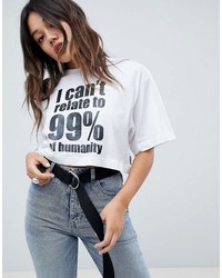 weißes und schwarzes bedrucktes T-Shirt mit einem Rundhalsausschnitt von Cheap Monday