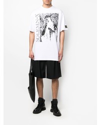 weißes und schwarzes bedrucktes T-Shirt mit einem Rundhalsausschnitt von Raf Simons