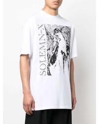 weißes und schwarzes bedrucktes T-Shirt mit einem Rundhalsausschnitt von Raf Simons