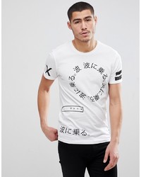 weißes und schwarzes bedrucktes T-Shirt mit einem Rundhalsausschnitt von Solid