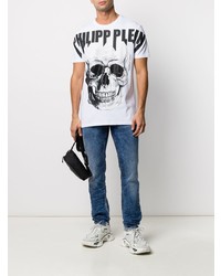 weißes und schwarzes bedrucktes T-Shirt mit einem Rundhalsausschnitt von Philipp Plein