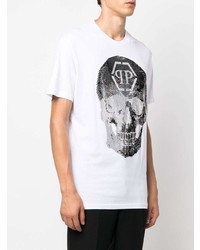 weißes und schwarzes bedrucktes T-Shirt mit einem Rundhalsausschnitt von Philipp Plein