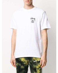 weißes und schwarzes bedrucktes T-Shirt mit einem Rundhalsausschnitt von Stussy