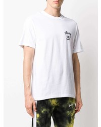 weißes und schwarzes bedrucktes T-Shirt mit einem Rundhalsausschnitt von Stussy