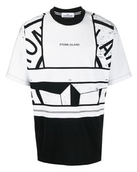 weißes und schwarzes bedrucktes T-Shirt mit einem Rundhalsausschnitt von Stone Island