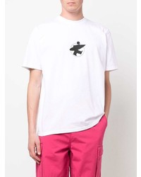 weißes und schwarzes bedrucktes T-Shirt mit einem Rundhalsausschnitt von Stussy