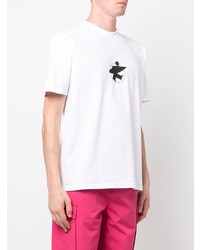 weißes und schwarzes bedrucktes T-Shirt mit einem Rundhalsausschnitt von Stussy