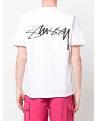 weißes und schwarzes bedrucktes T-Shirt mit einem Rundhalsausschnitt von Stussy