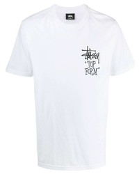 weißes und schwarzes bedrucktes T-Shirt mit einem Rundhalsausschnitt von Stussy