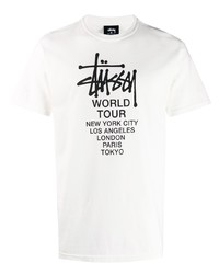 weißes und schwarzes bedrucktes T-Shirt mit einem Rundhalsausschnitt von Stussy