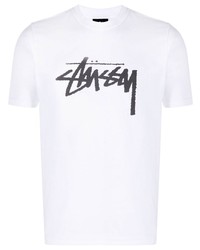 weißes und schwarzes bedrucktes T-Shirt mit einem Rundhalsausschnitt von Stussy