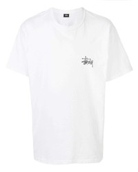 weißes und schwarzes bedrucktes T-Shirt mit einem Rundhalsausschnitt von Stussy